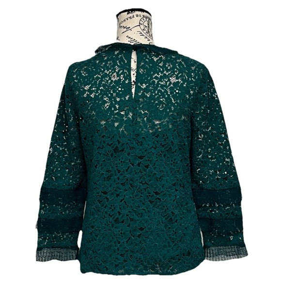 J Crew AU229 Green Lace Blouse Ruffle Lined Crochet Coquette Cottegecore Boho M - Picture 5 of 8